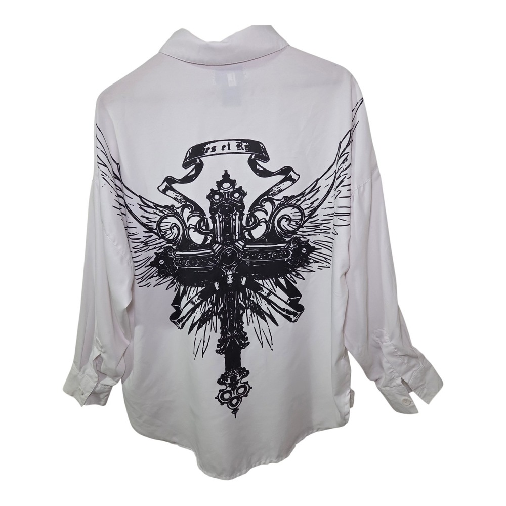 Thrill Oversized White Button Front Shirt Black Cross Wing Graphic Gothic Grunge